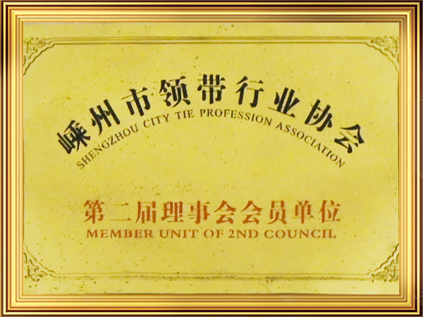 嵊州市领带行业协会第二届理事会会员单位证书